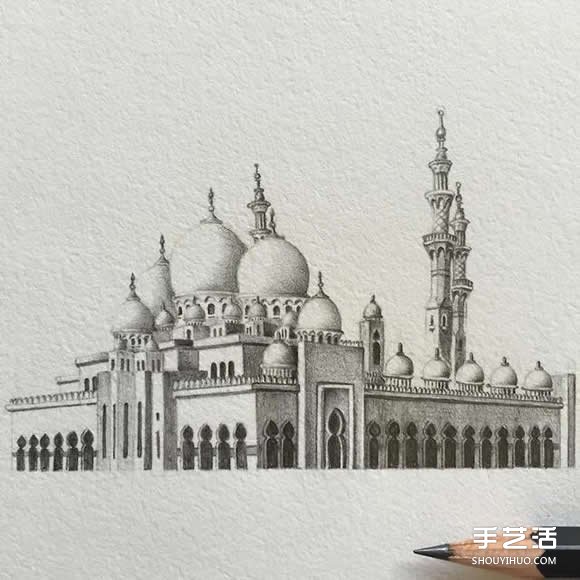 感受清真寺的庄严华丽 极细腻建筑铅笔素描 -  www.shouyihuo.com